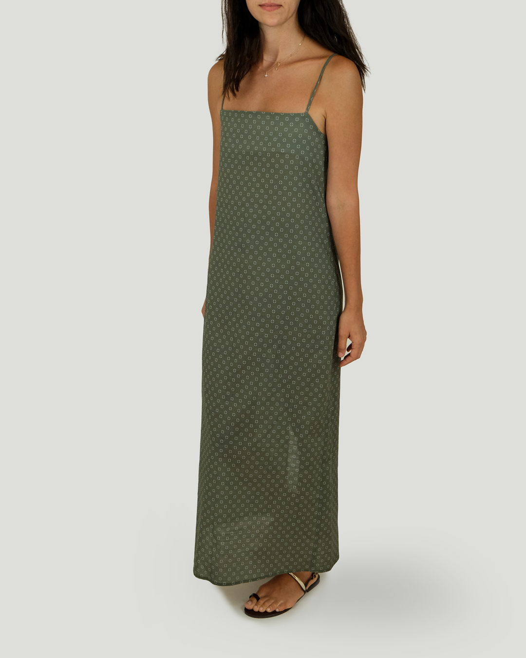 İnce Askılı Keten Cotton Desenli Maxi Elbise