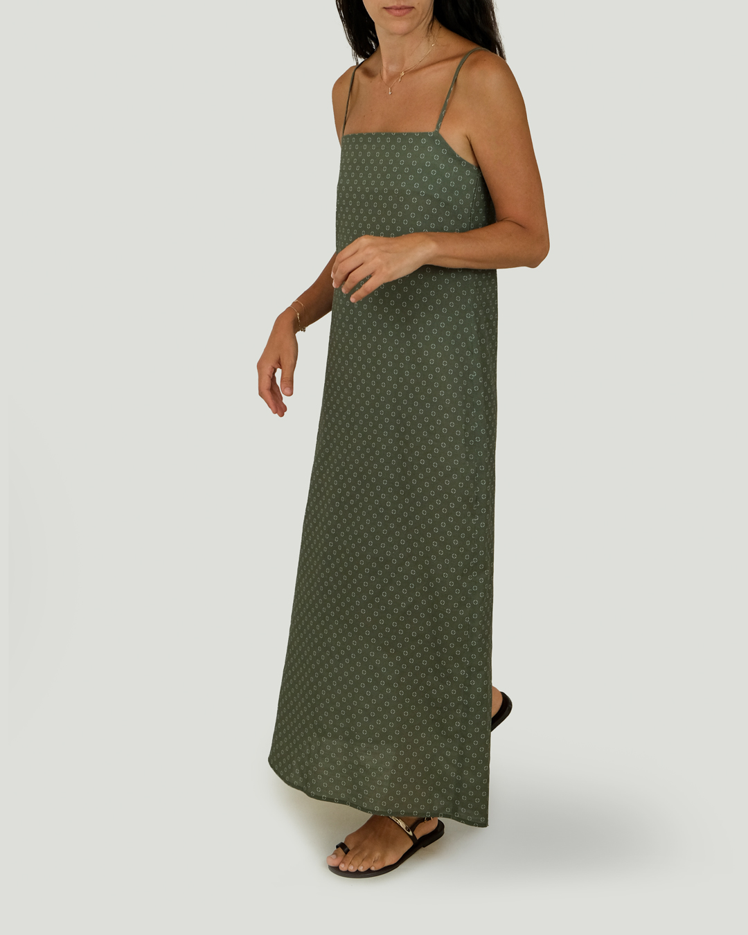 İnce Askılı Keten Cotton Desenli Maxi Elbise