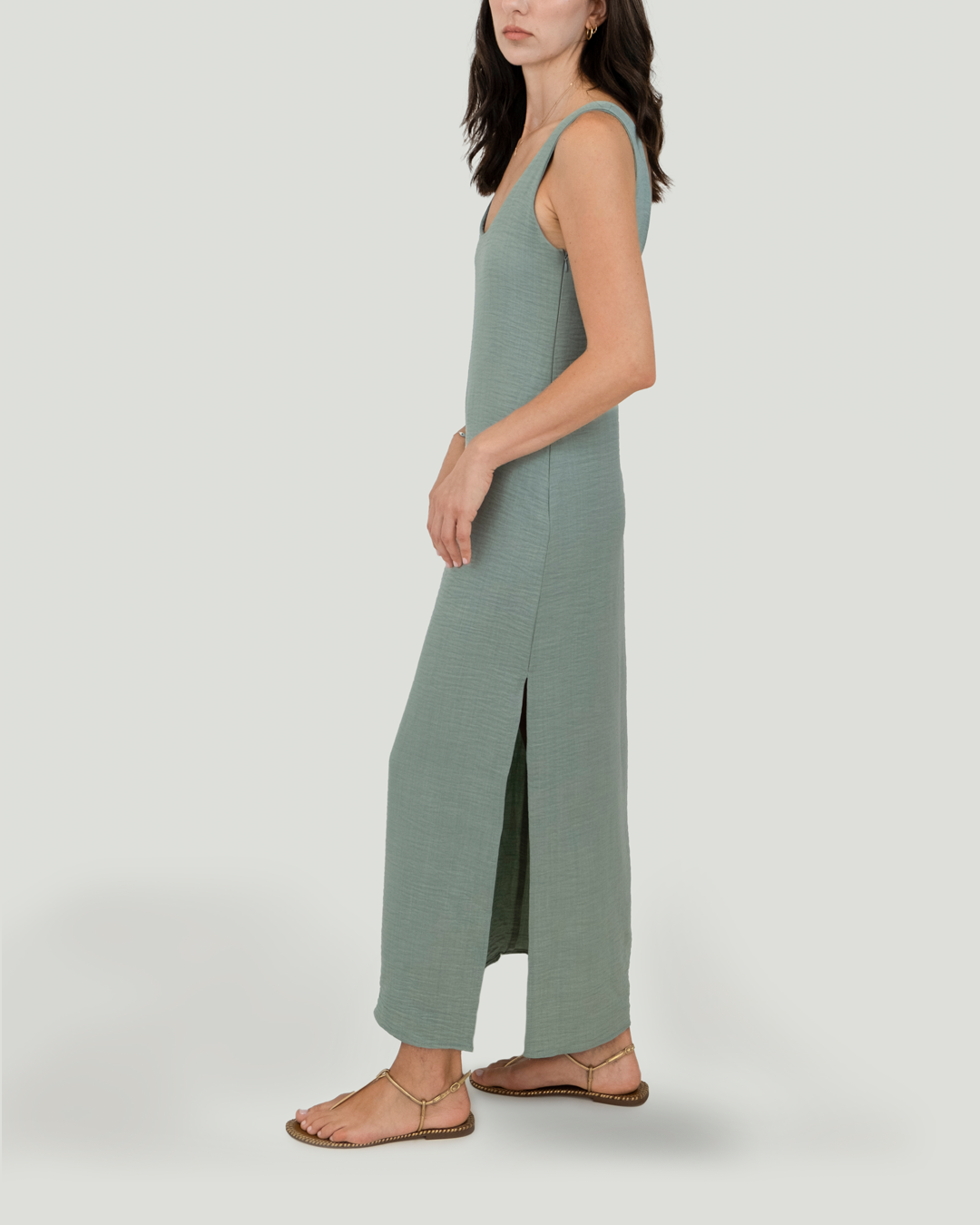 U Yakalı ve Sırt Detaylı Keten Cotton Maxi Elbise, Mint Yeşili
