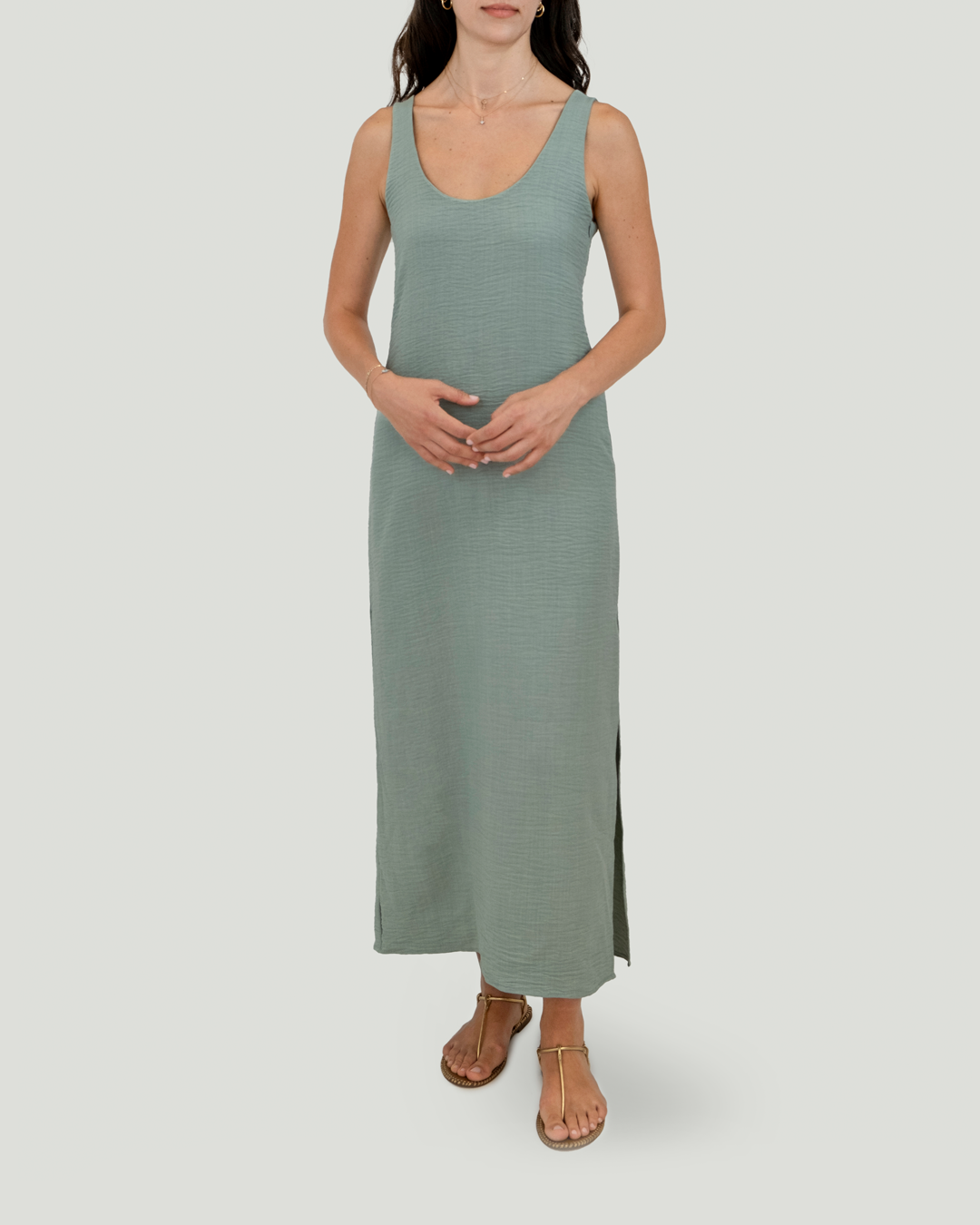 U Yakalı ve Sırt Detaylı Keten Cotton Maxi Elbise, Mint Yeşili