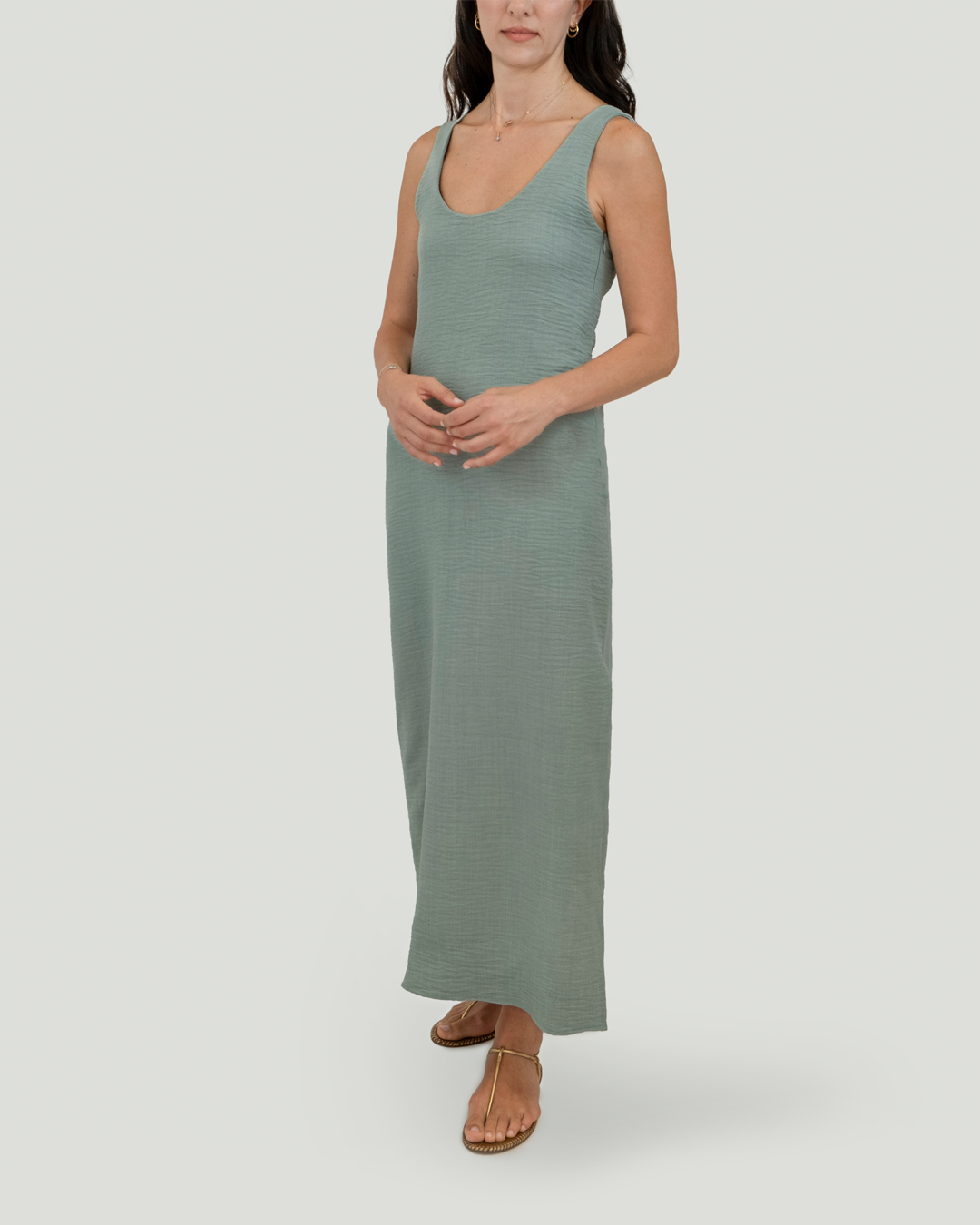 U Yakalı ve Sırt Detaylı Keten Cotton Maxi Elbise, Mint Yeşili