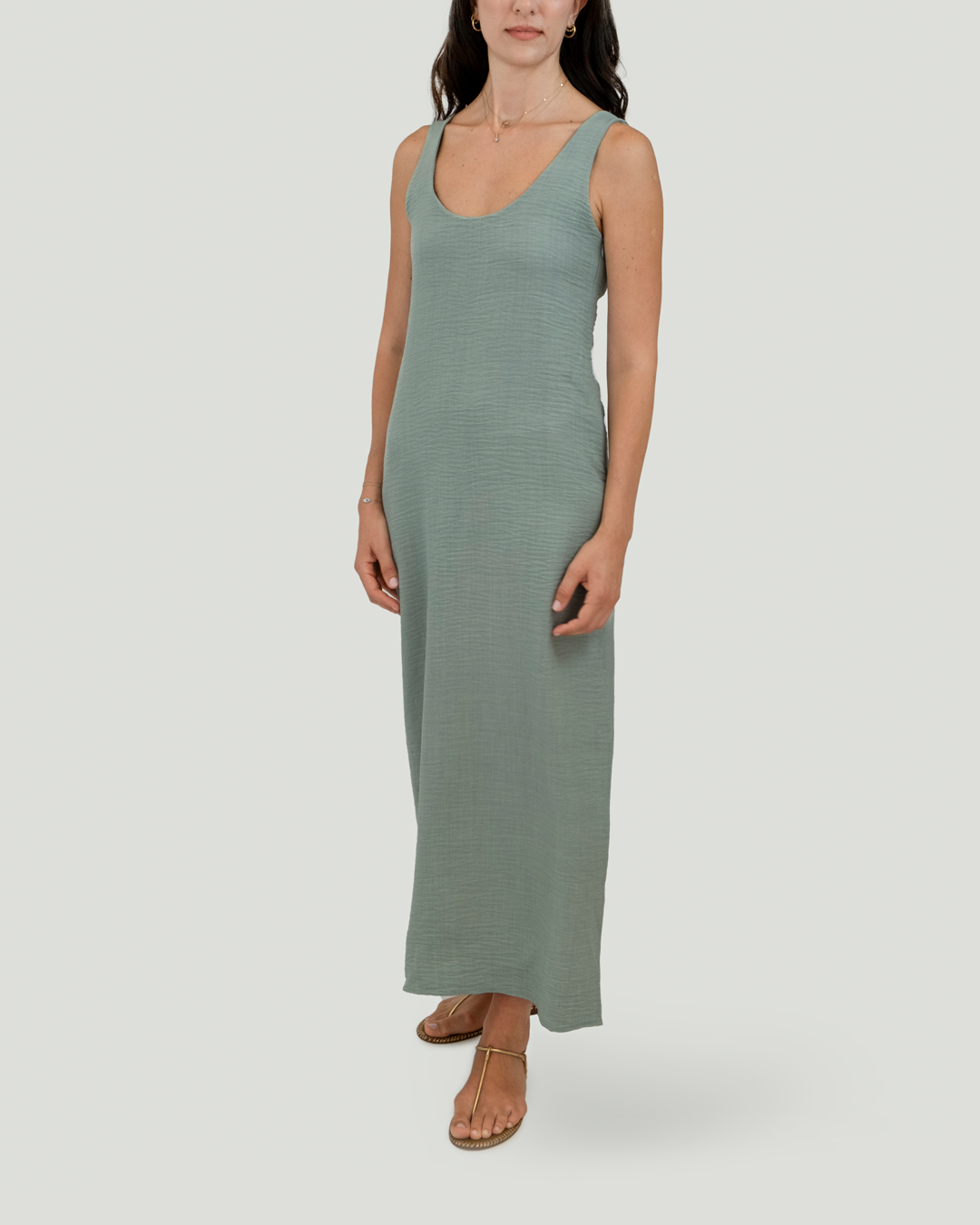 U Yakalı ve Sırt Detaylı Keten Cotton Maxi Elbise, Mint Yeşili