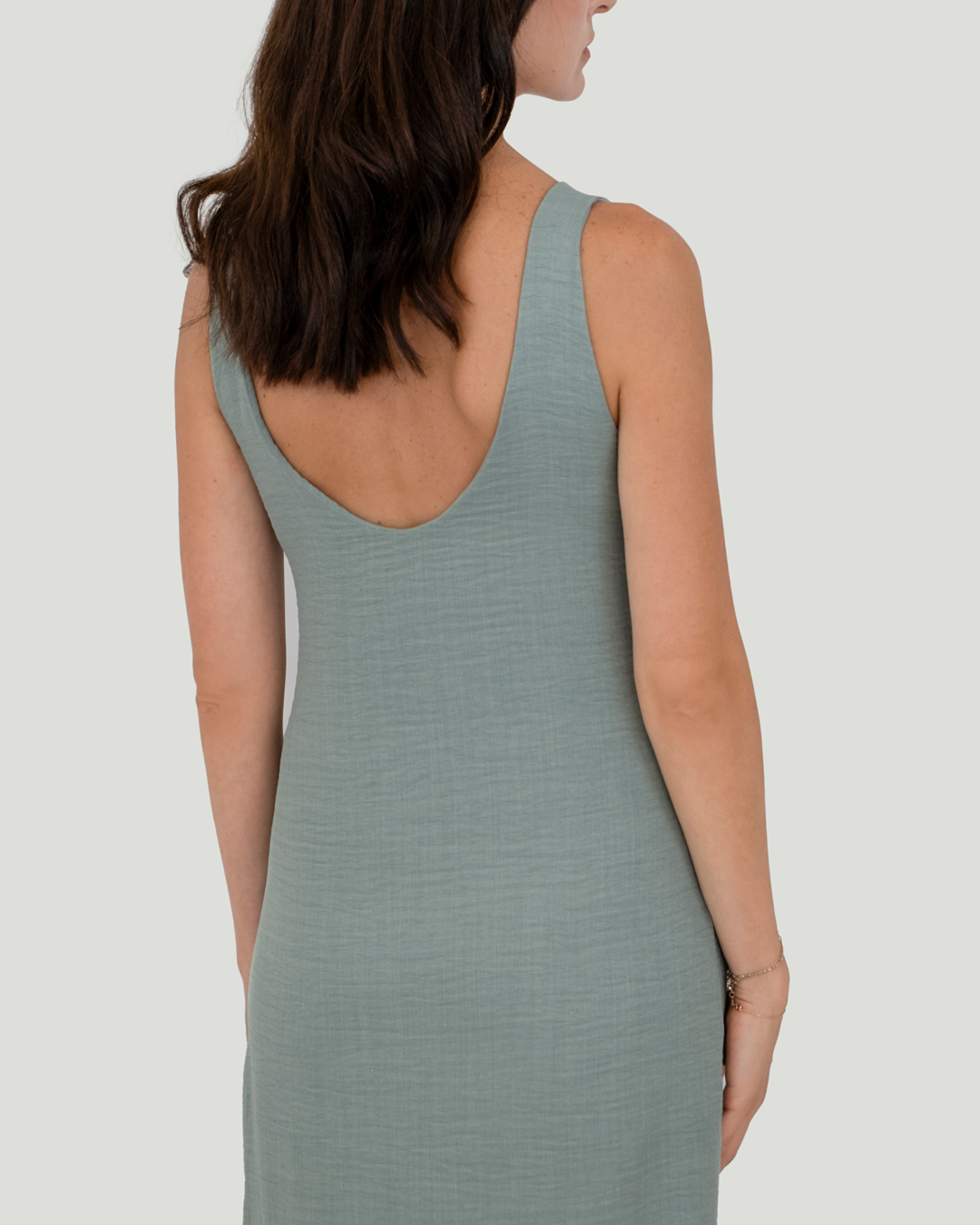 U Yakalı ve Sırt Detaylı Keten Cotton Maxi Elbise, Mint Yeşili