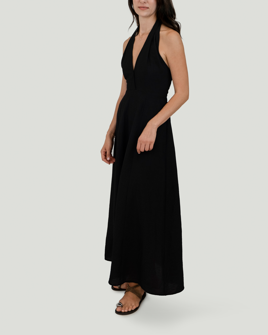 Boyundan Bağlamalı Keten Cotton Maxi Elbise, Siyah