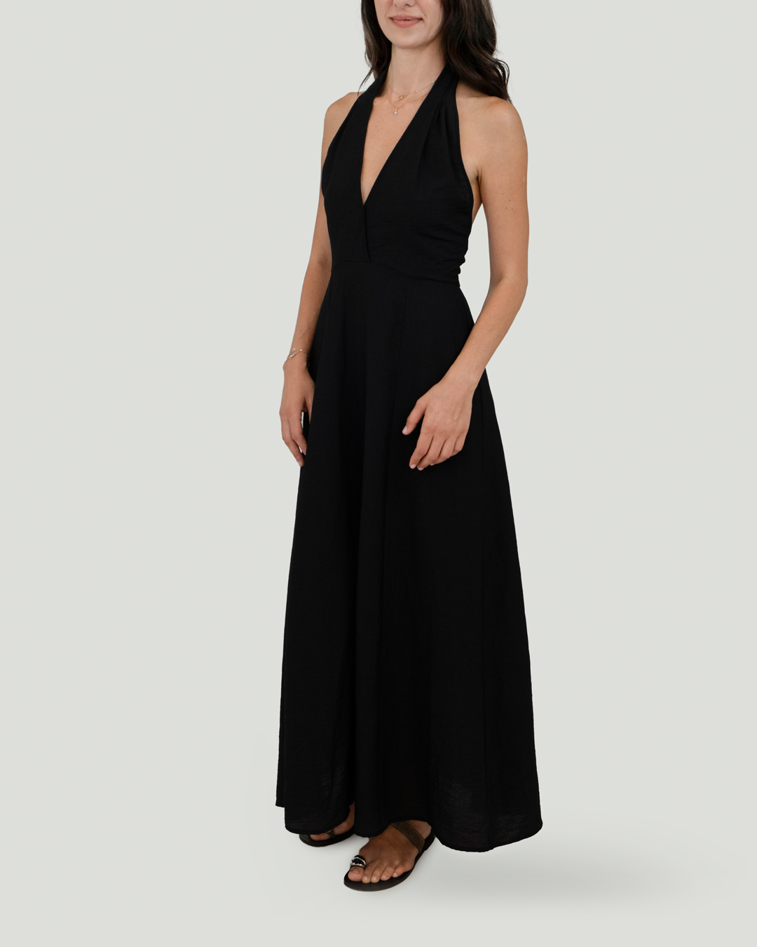 Boyundan Bağlamalı Keten Cotton Maxi Elbise, Siyah