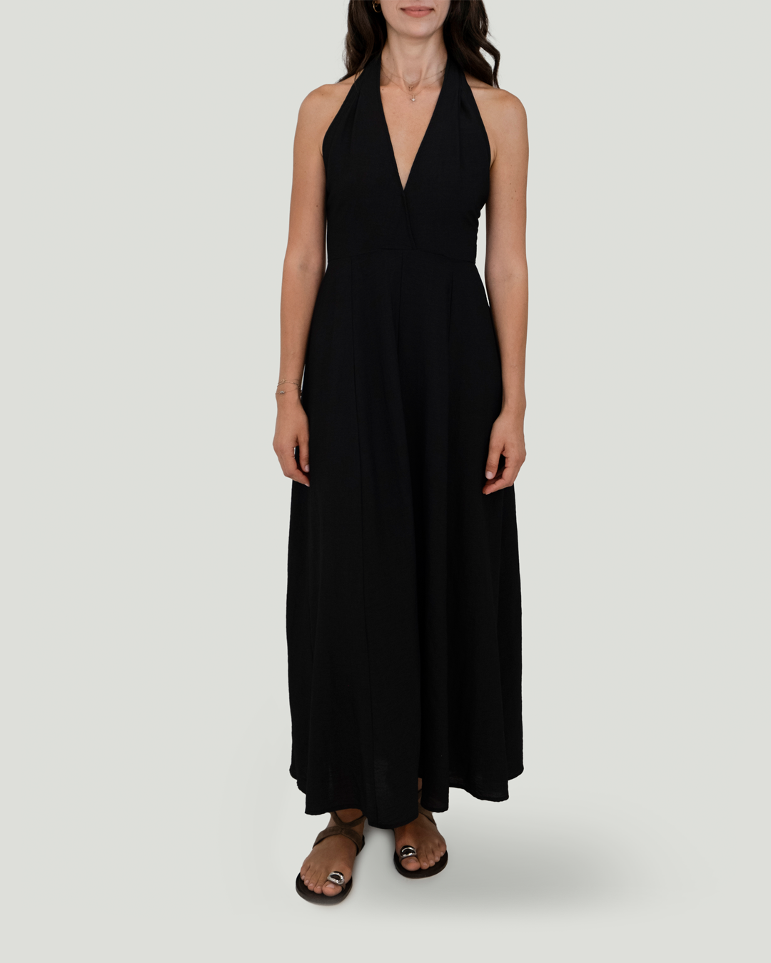 Boyundan Bağlamalı Keten Cotton Maxi Elbise, Siyah
