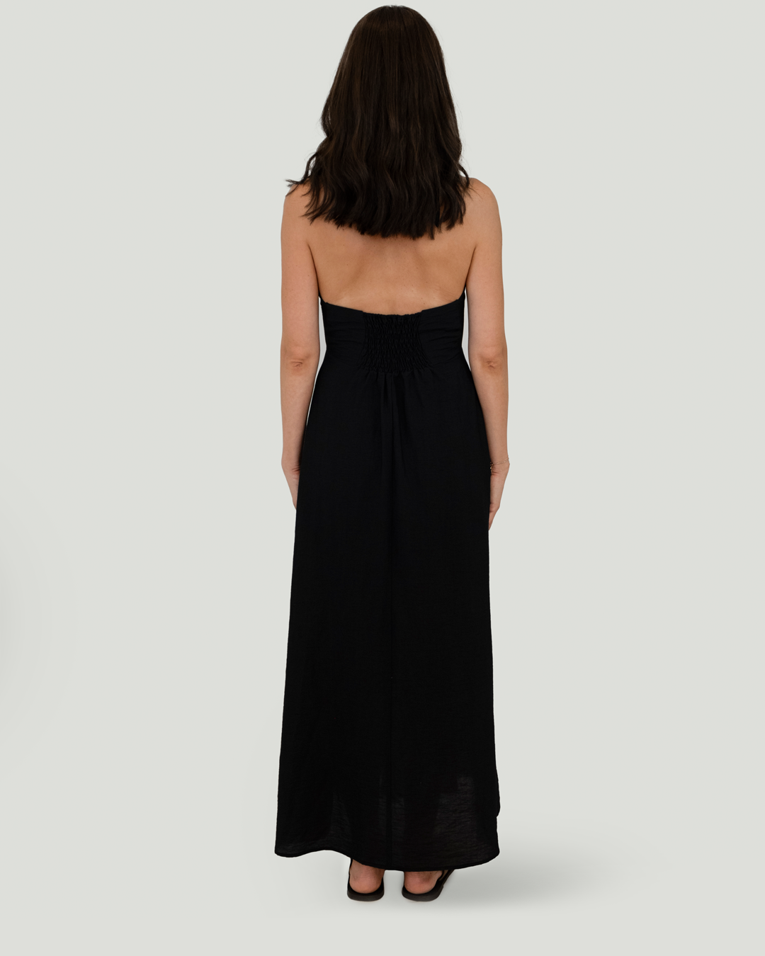 Boyundan Bağlamalı Keten Cotton Maxi Elbise, Siyah