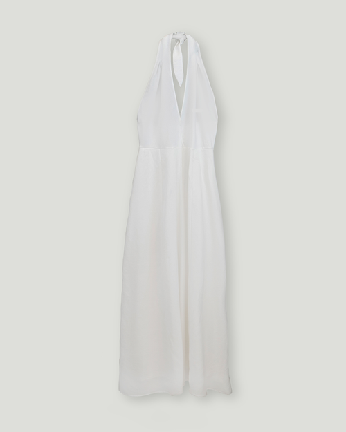 Boyundan Bağlamalı Keten Cotton Maxi Elbise, Beyaz