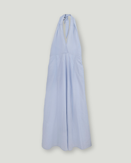 Boyundan Bağlamalı Keten Cotton Maxi Elbise, Açık Mavi