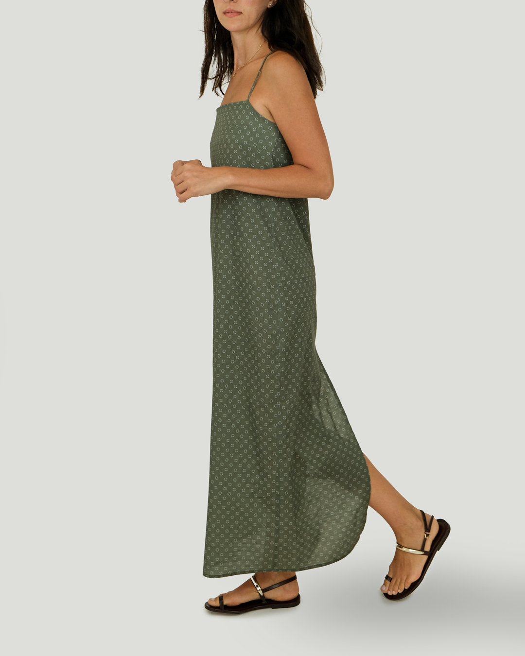 İnce Askılı Keten Cotton Desenli Maxi Elbise