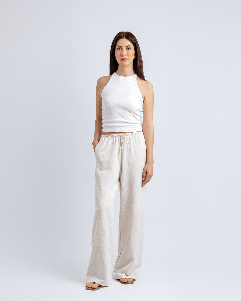 Bağcıklı Straight Fit Pantolon, Bej Desenli