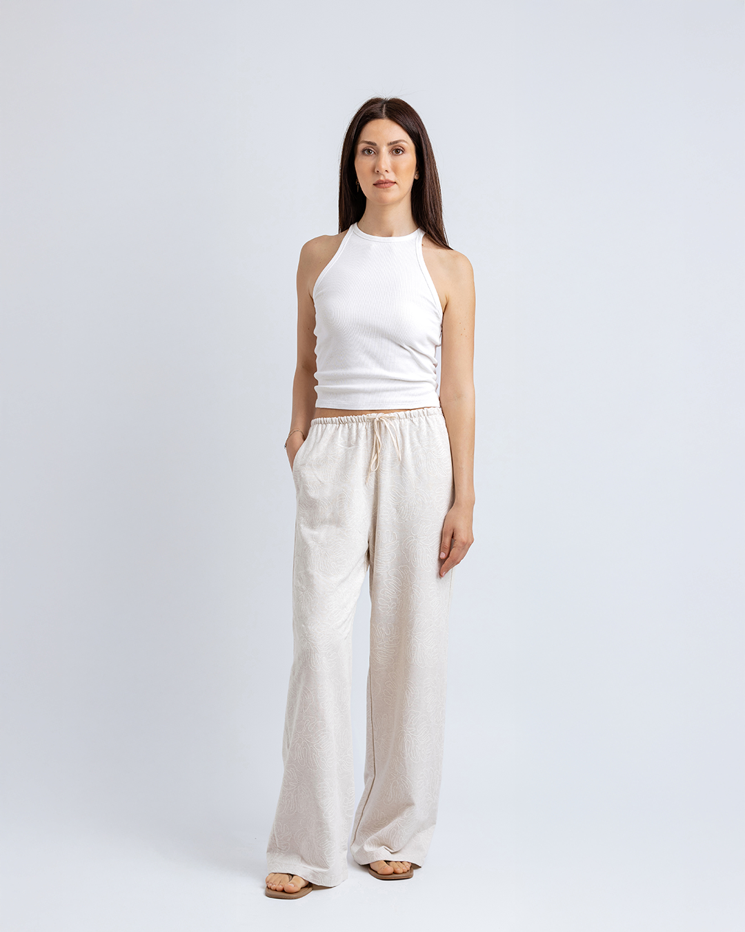Bağcıklı Straight Fit Pantolon, Bej Desenli