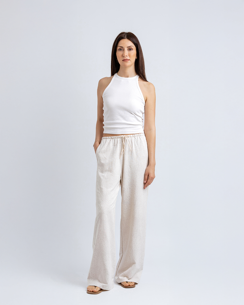 Bağcıklı Straight Fit Pantolon, Bej Desenli
