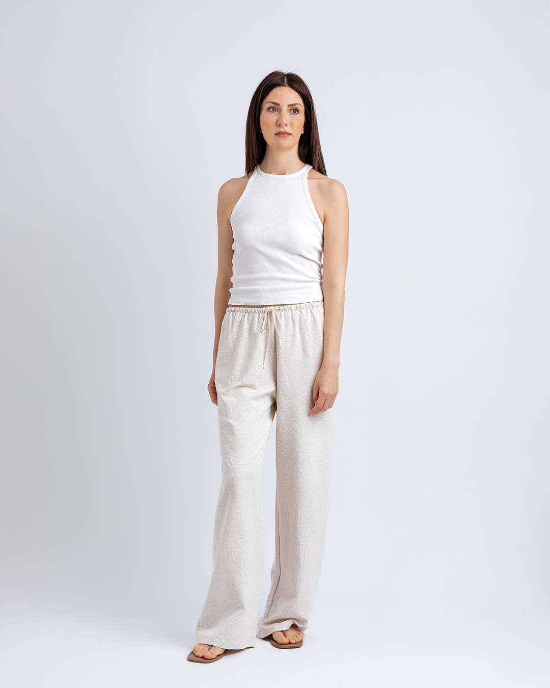 Bağcıklı Straight Fit Pantolon, Bej Desenli