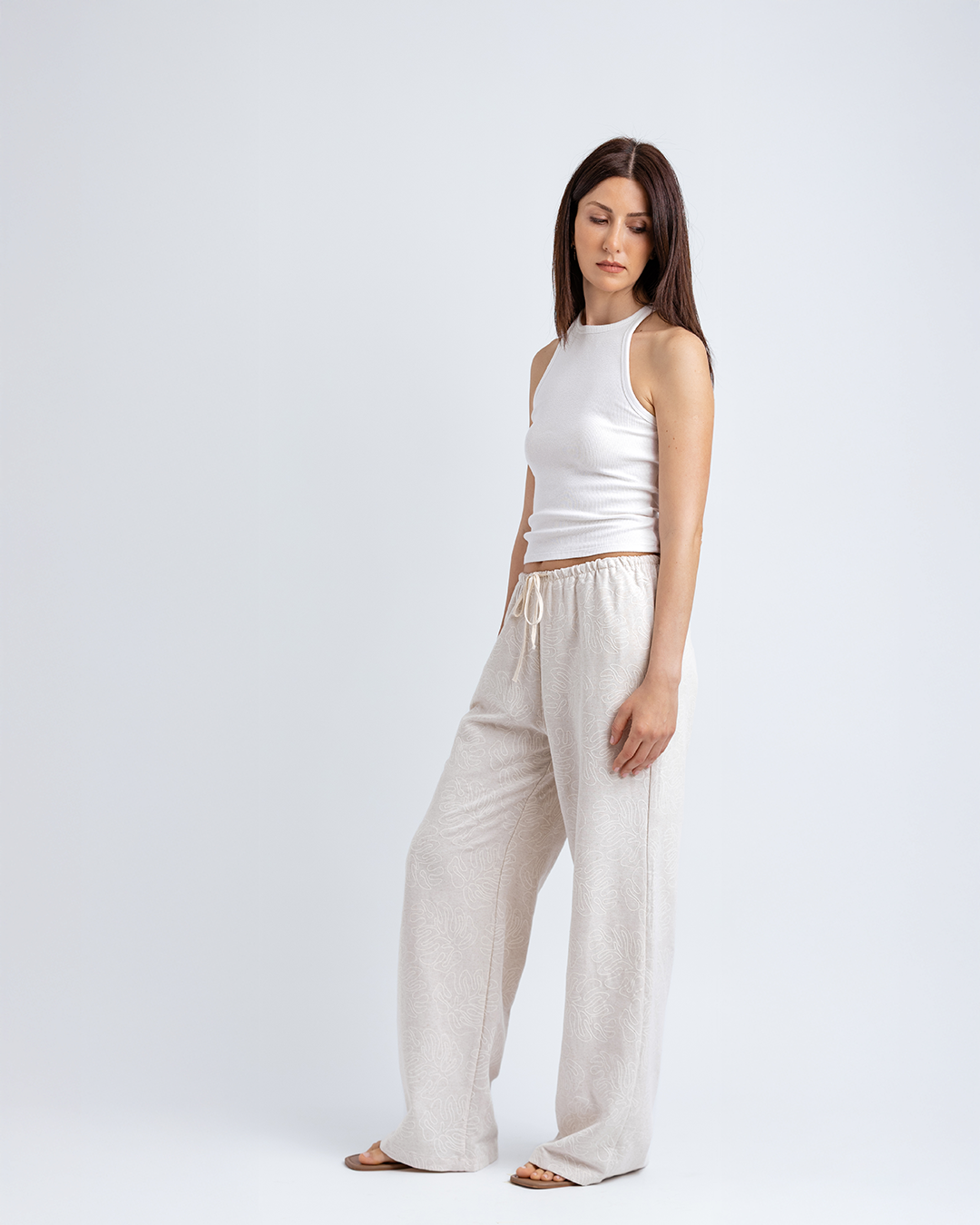 Bağcıklı Straight Fit Pantolon, Bej Desenli
