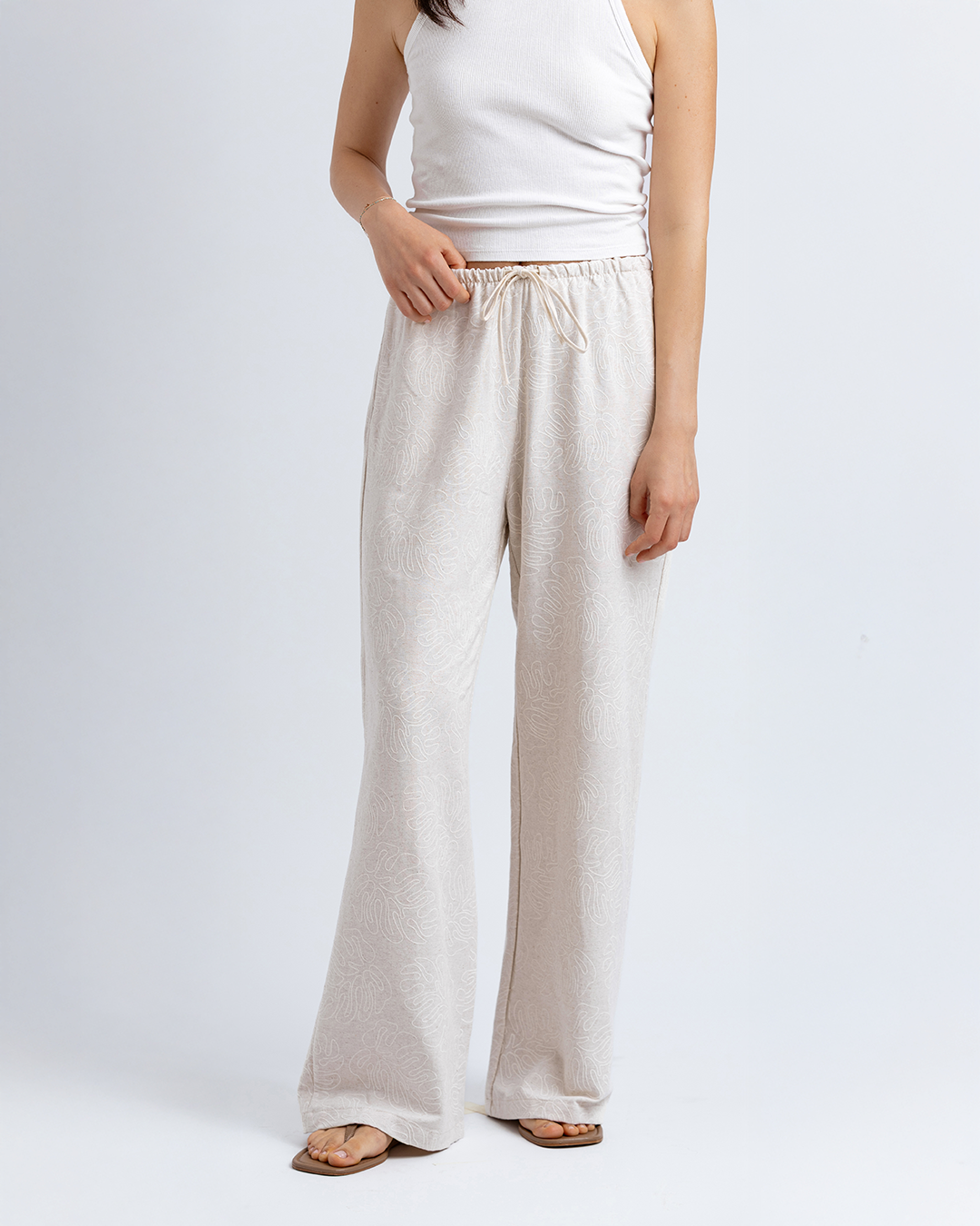 Bağcıklı Straight Fit Pantolon, Bej Desenli