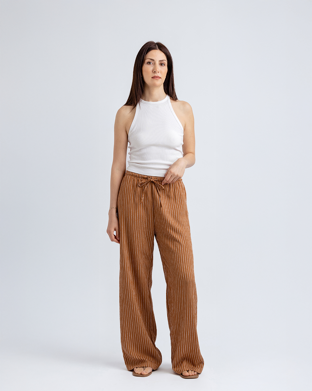 Bağcıklı Straight Fit Pantolon, Kiremit/Beyaz Çizgili