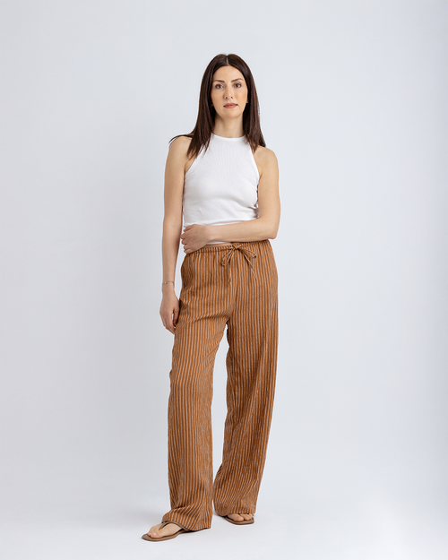 Bağcıklı Straight Fit Pantolon, Kiremit/Beyaz Çizgili