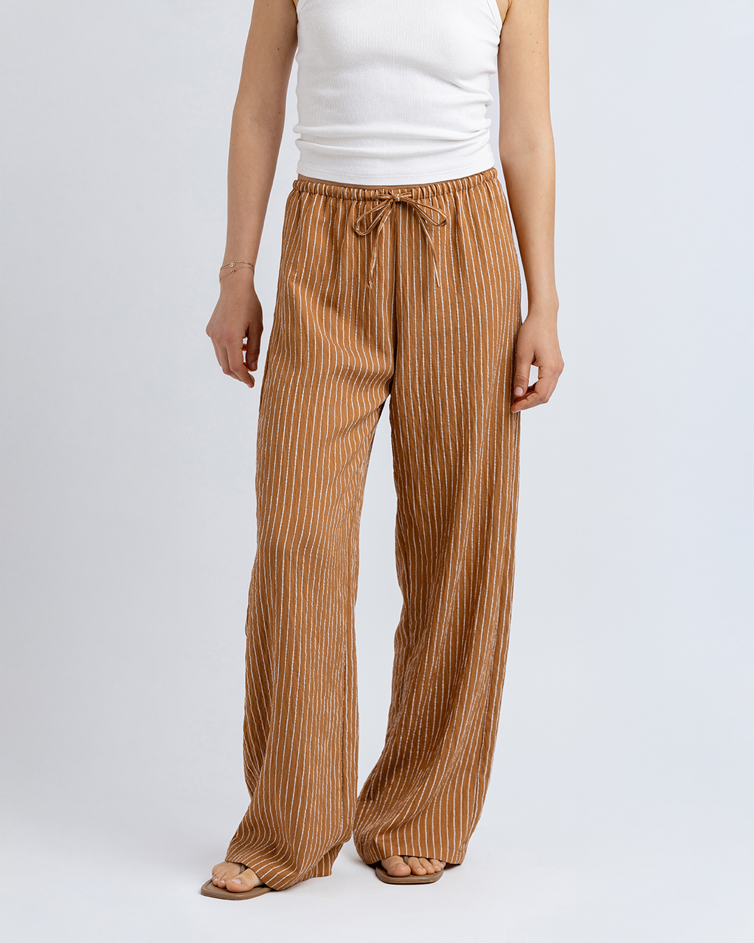 Bağcıklı Straight Fit Pantolon, Kiremit/Beyaz Çizgili