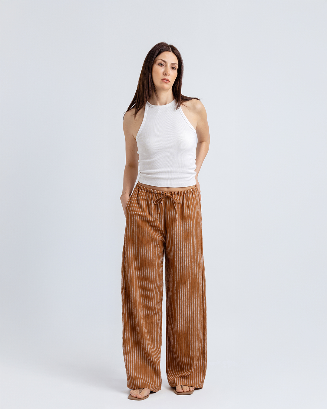 Bağcıklı Straight Fit Pantolon, Kiremit/Beyaz Çizgili