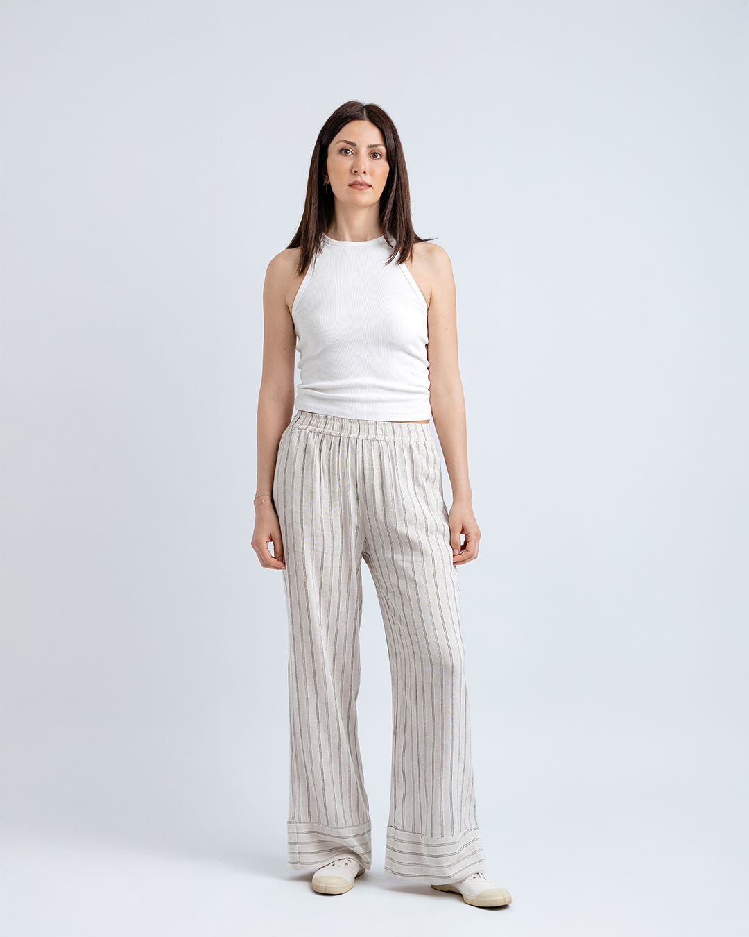 Double Paça Straight Fit Pantolon, Bej/Siyah Çizgili