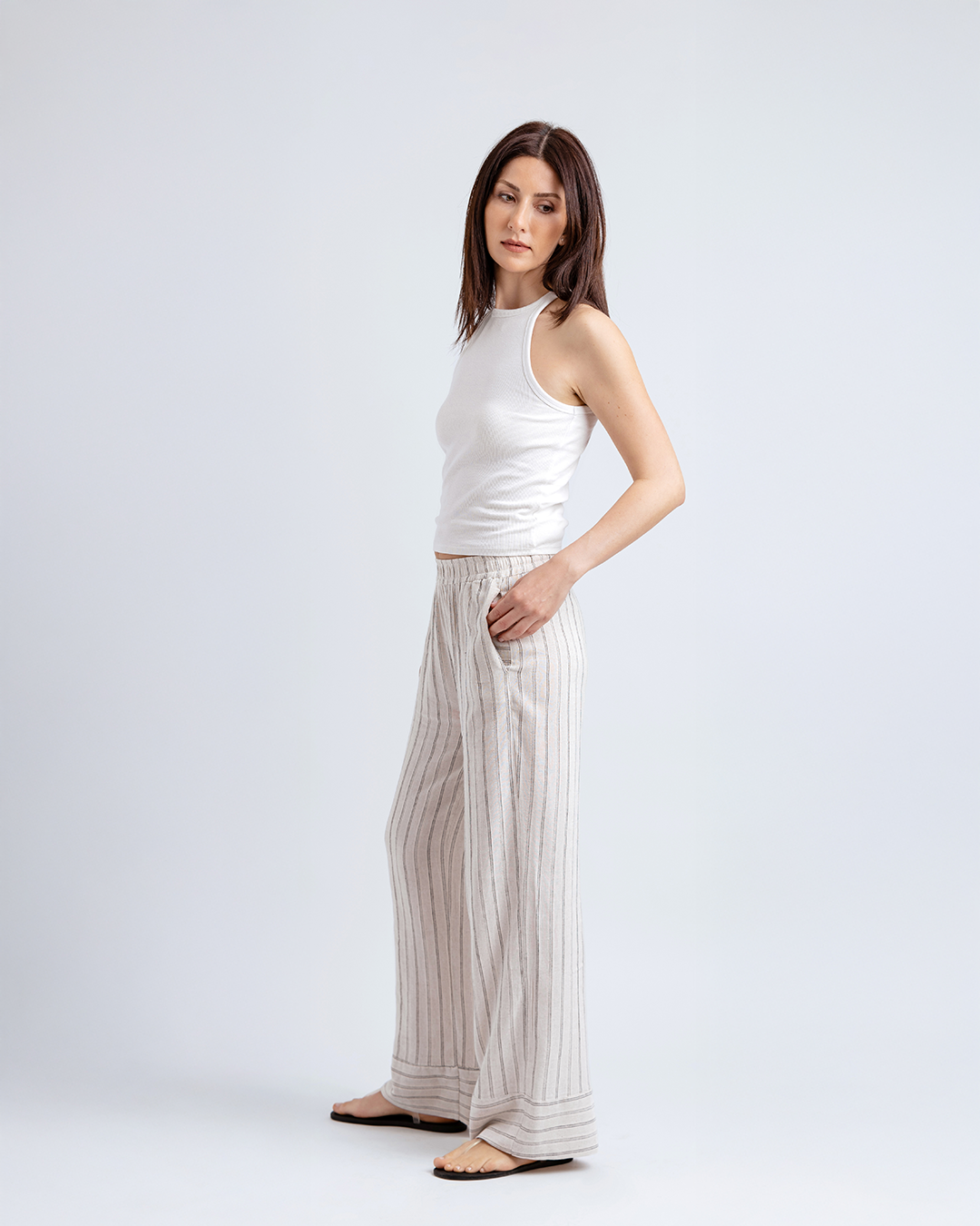 Double Paça Straight Fit Pantolon, Bej/Siyah Çizgili