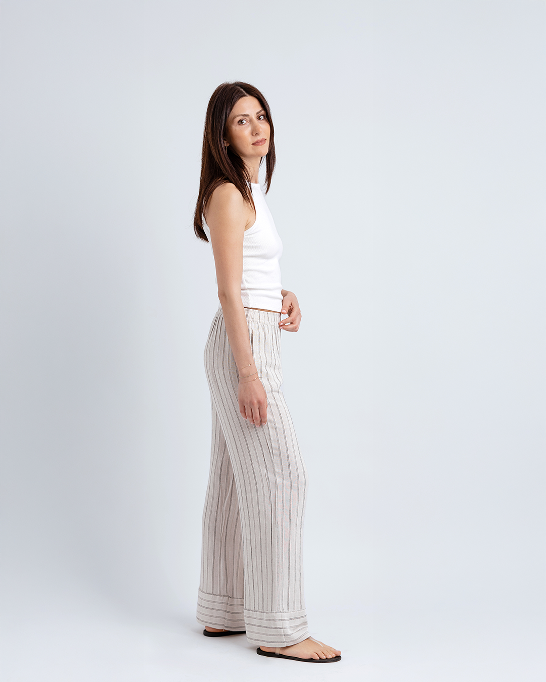 Double Paça Straight Fit Pantolon, Bej/Siyah Çizgili