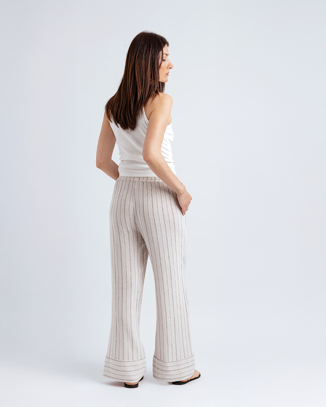 Double Paça Straight Fit Pantolon, Bej/Siyah Çizgili