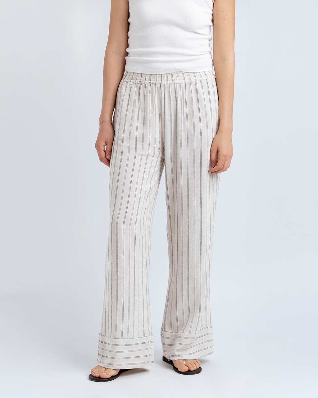 Double Paça Straight Fit Pantolon, Bej/Siyah Çizgili