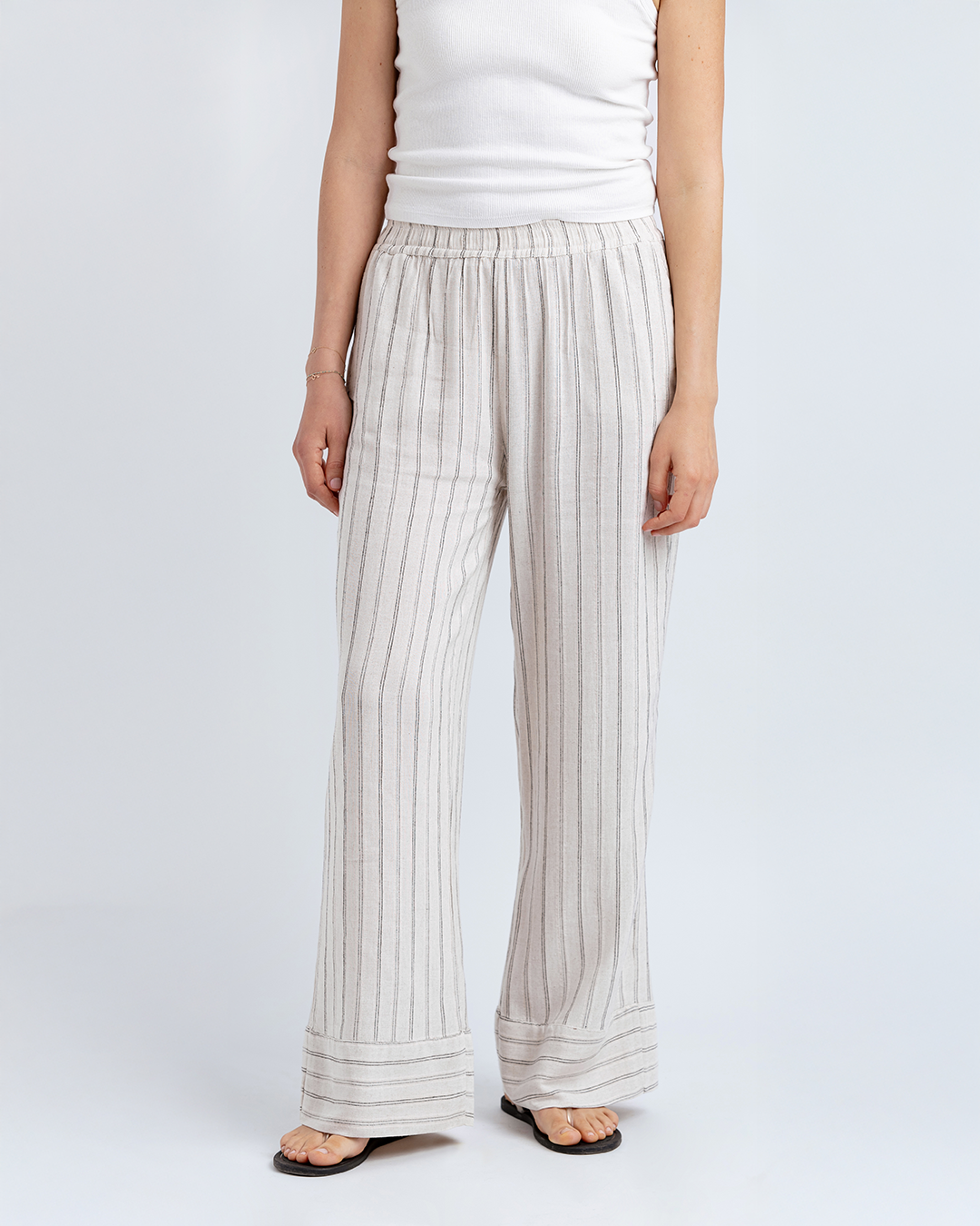 Double Paça Straight Fit Pantolon, Bej/Siyah Çizgili
