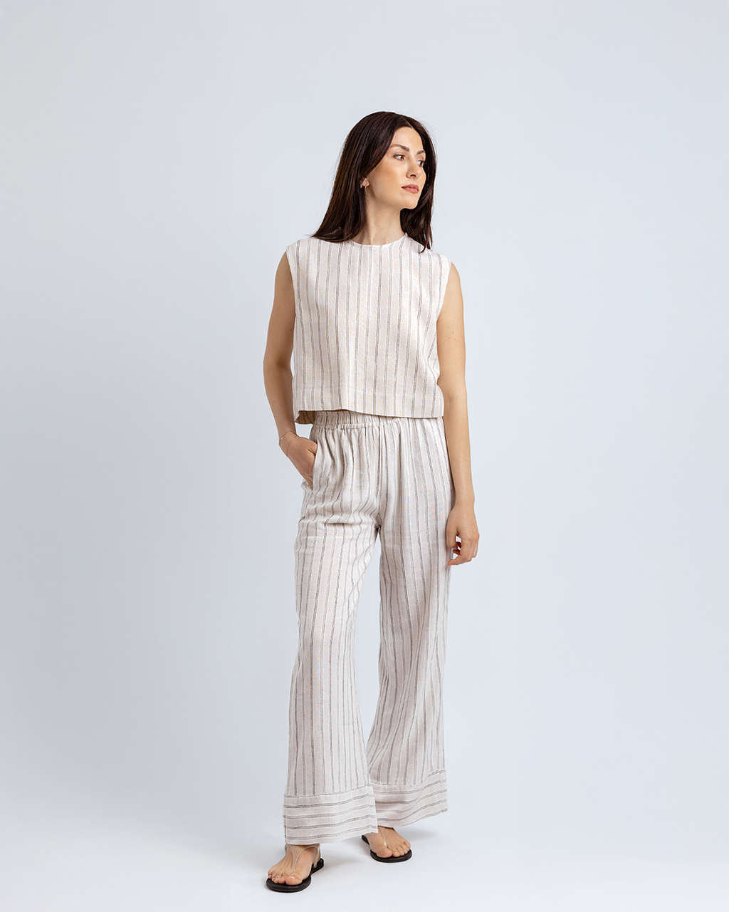 Bisiklet Yakalı Crop Bluz, Bej/Siyah Çizgili