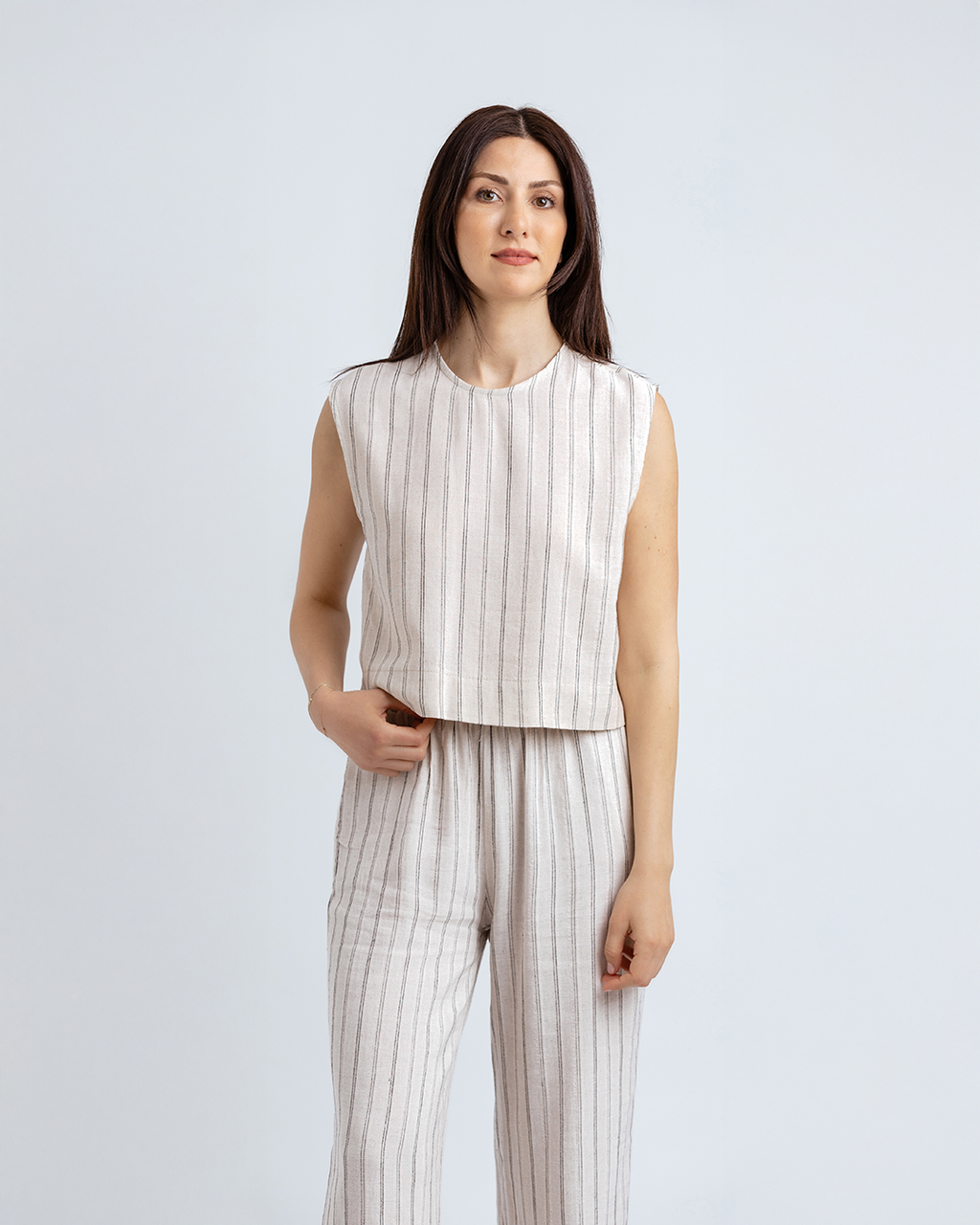 Bisiklet Yakalı Crop Bluz, Bej/Siyah Çizgili