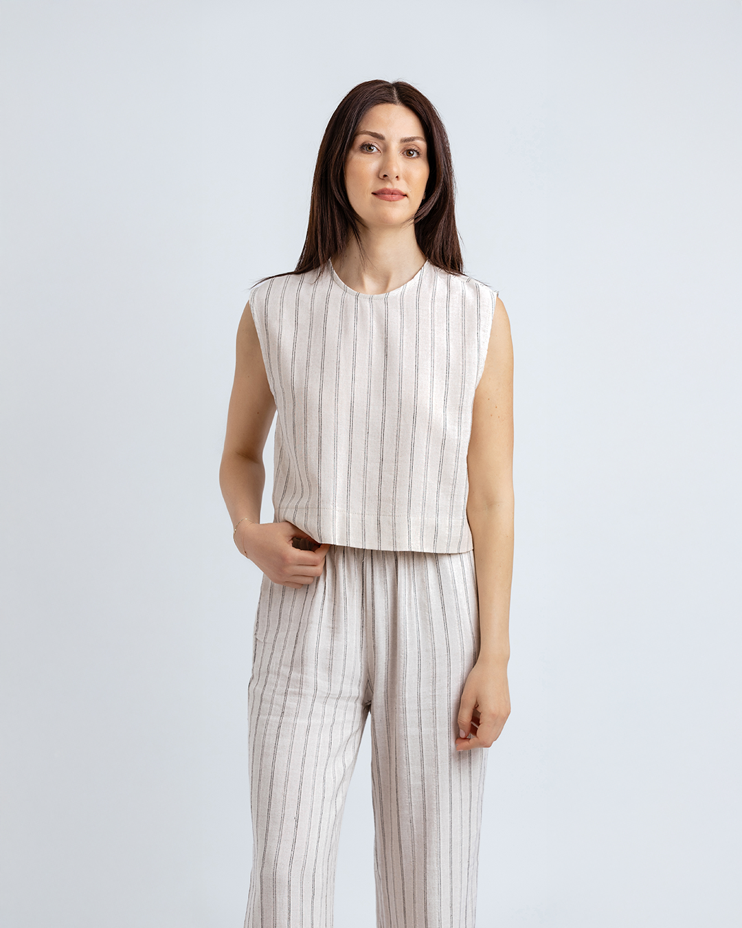 Bisiklet Yakalı Crop Bluz, Bej/Siyah Çizgili