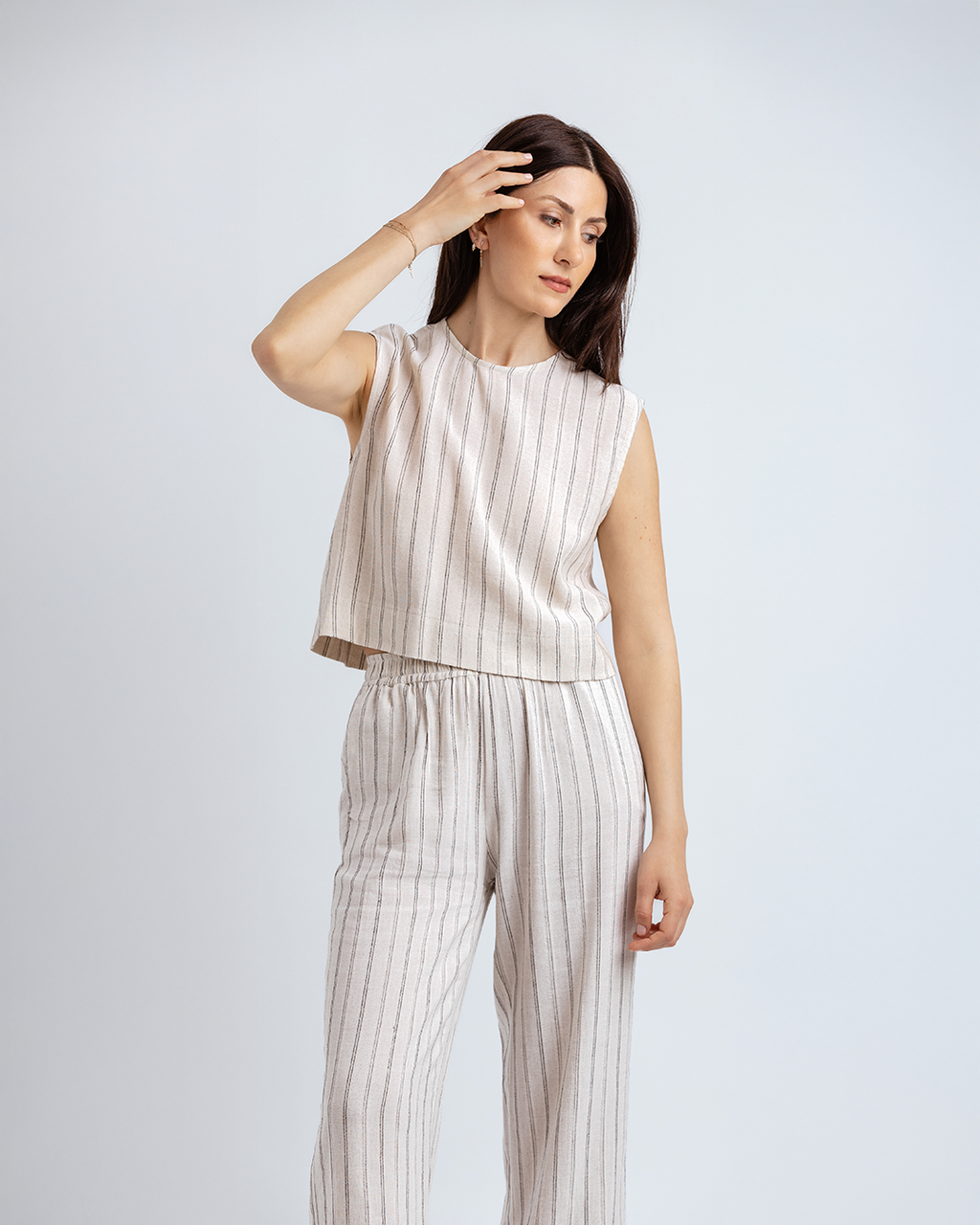 Bisiklet Yakalı Crop Bluz, Bej/Siyah Çizgili