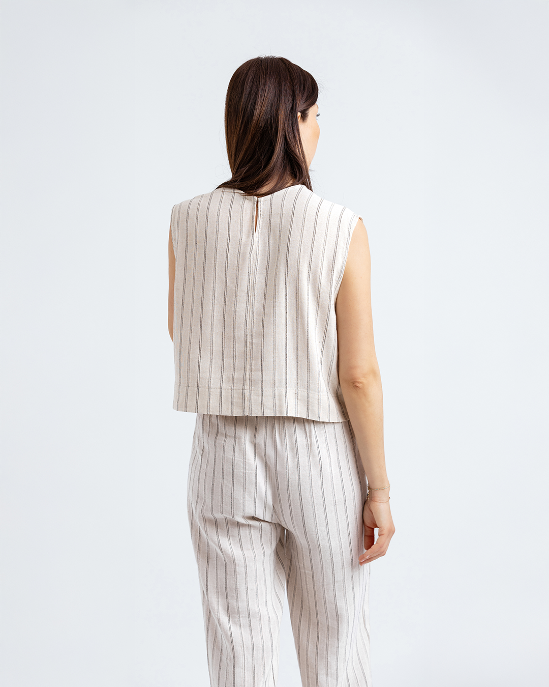 Bisiklet Yakalı Crop Bluz, Bej/Siyah Çizgili