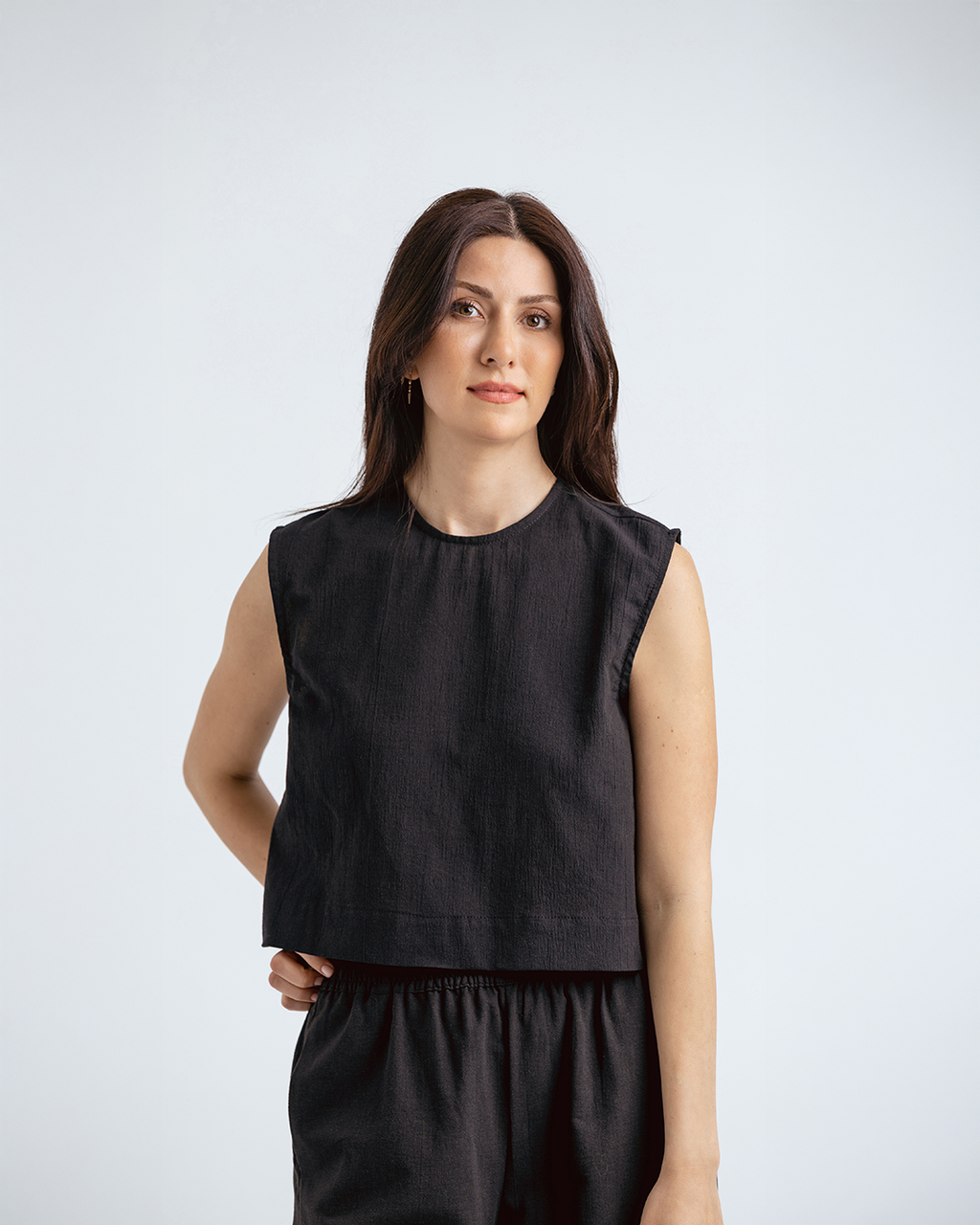 Bisiklet Yakalı Crop Bluz, Siyah