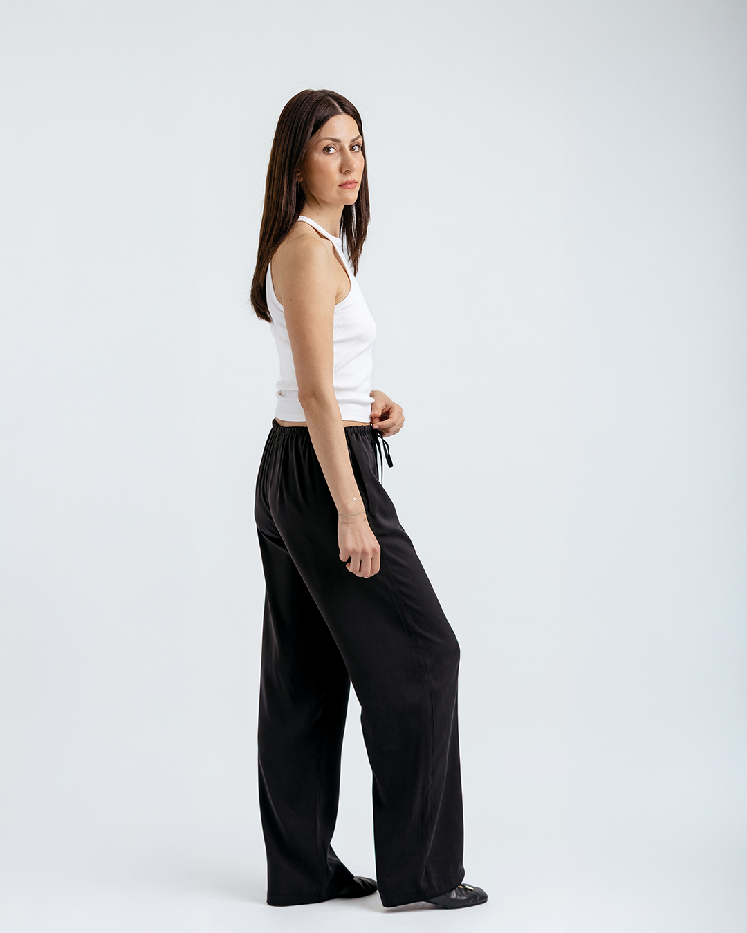 Bağcıklı Straight Fit Pantolon, Siyah