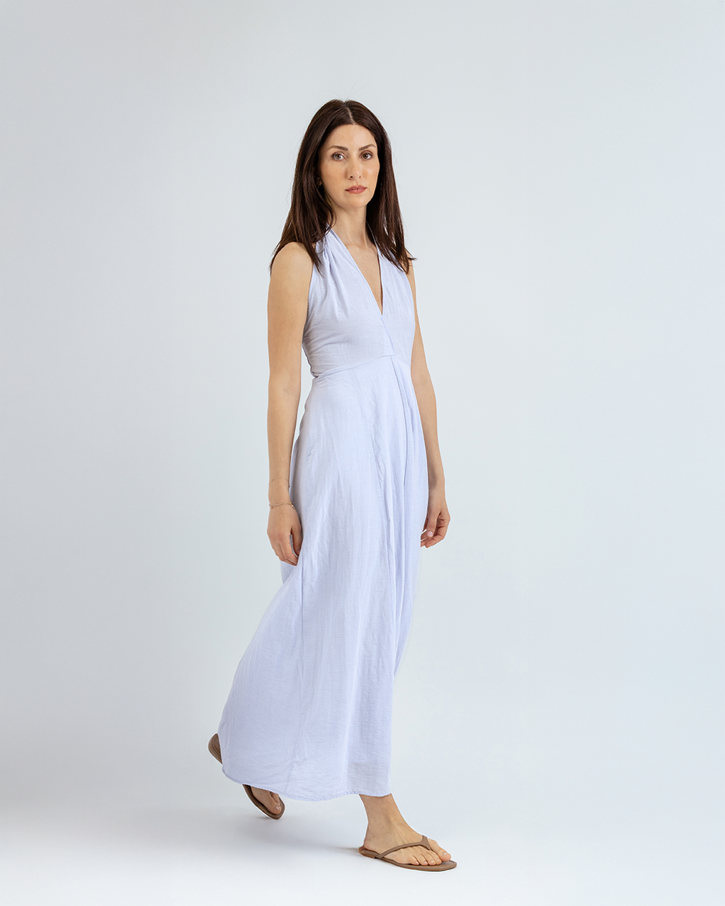 Boyundan Bağlamalı Keten Cotton Maxi Elbise, Açık Mavi