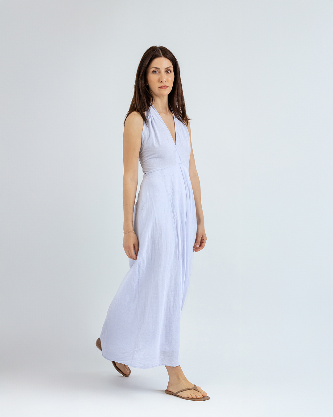 Boyundan Bağlamalı Keten Cotton Maxi Elbise, Açık Mavi