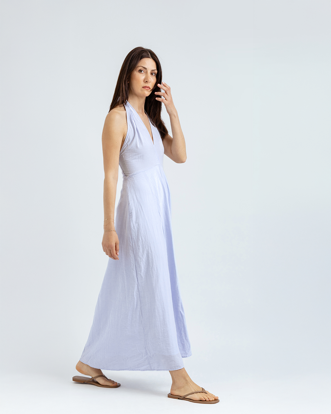 Boyundan Bağlamalı Keten Cotton Maxi Elbise, Açık Mavi