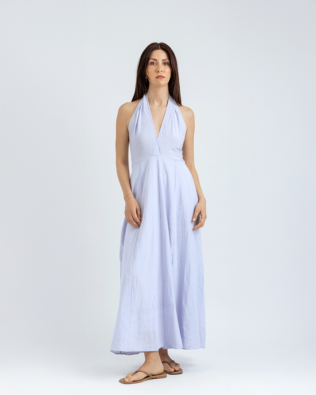 Boyundan Bağlamalı Keten Cotton Maxi Elbise, Açık Mavi