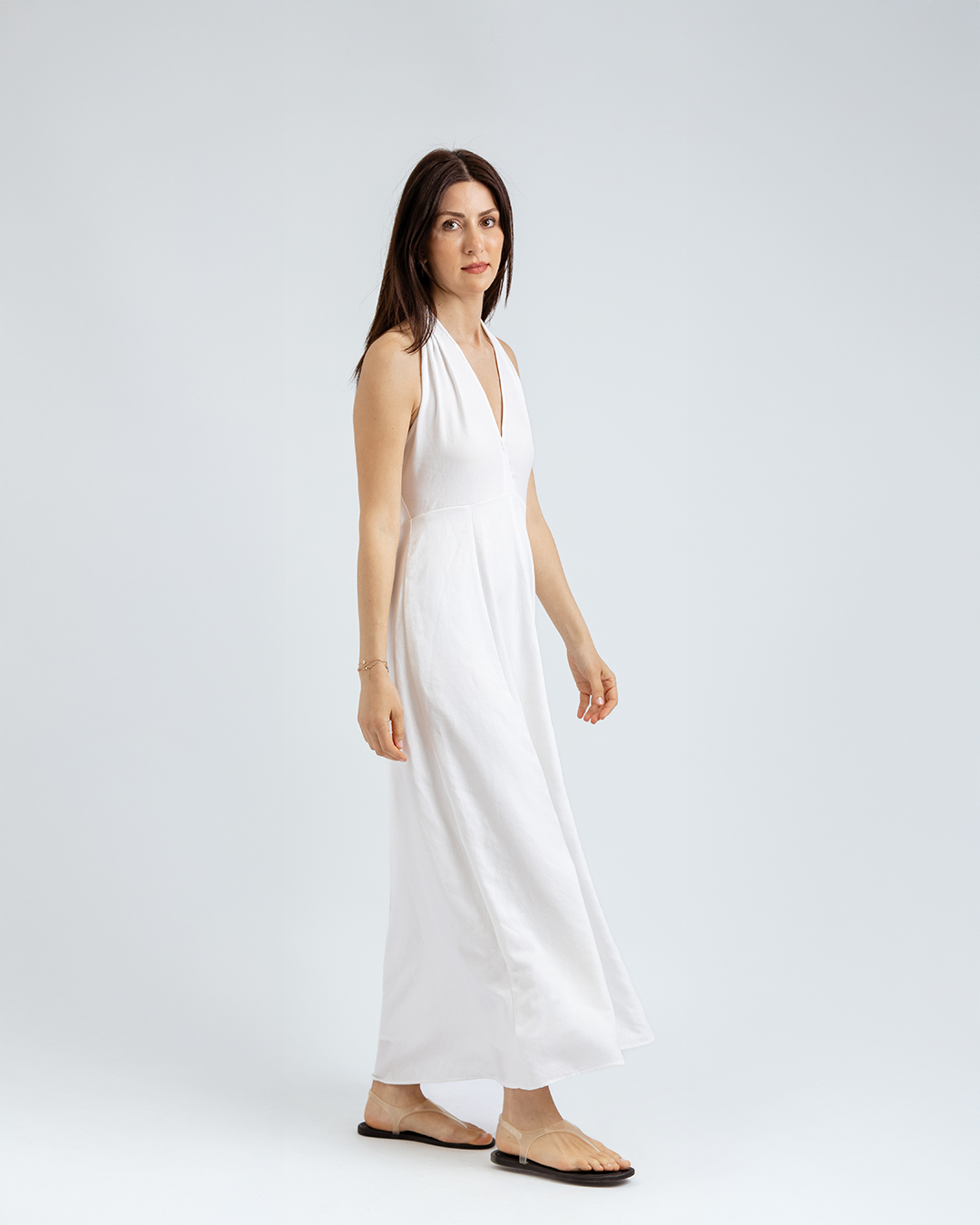 Boyundan Bağlamalı Keten Cotton Maxi Elbise, Beyaz