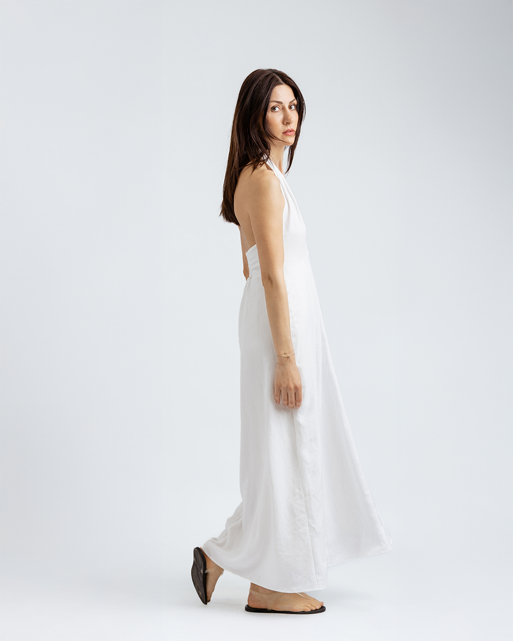 Boyundan Bağlamalı Keten Cotton Maxi Elbise, Beyaz