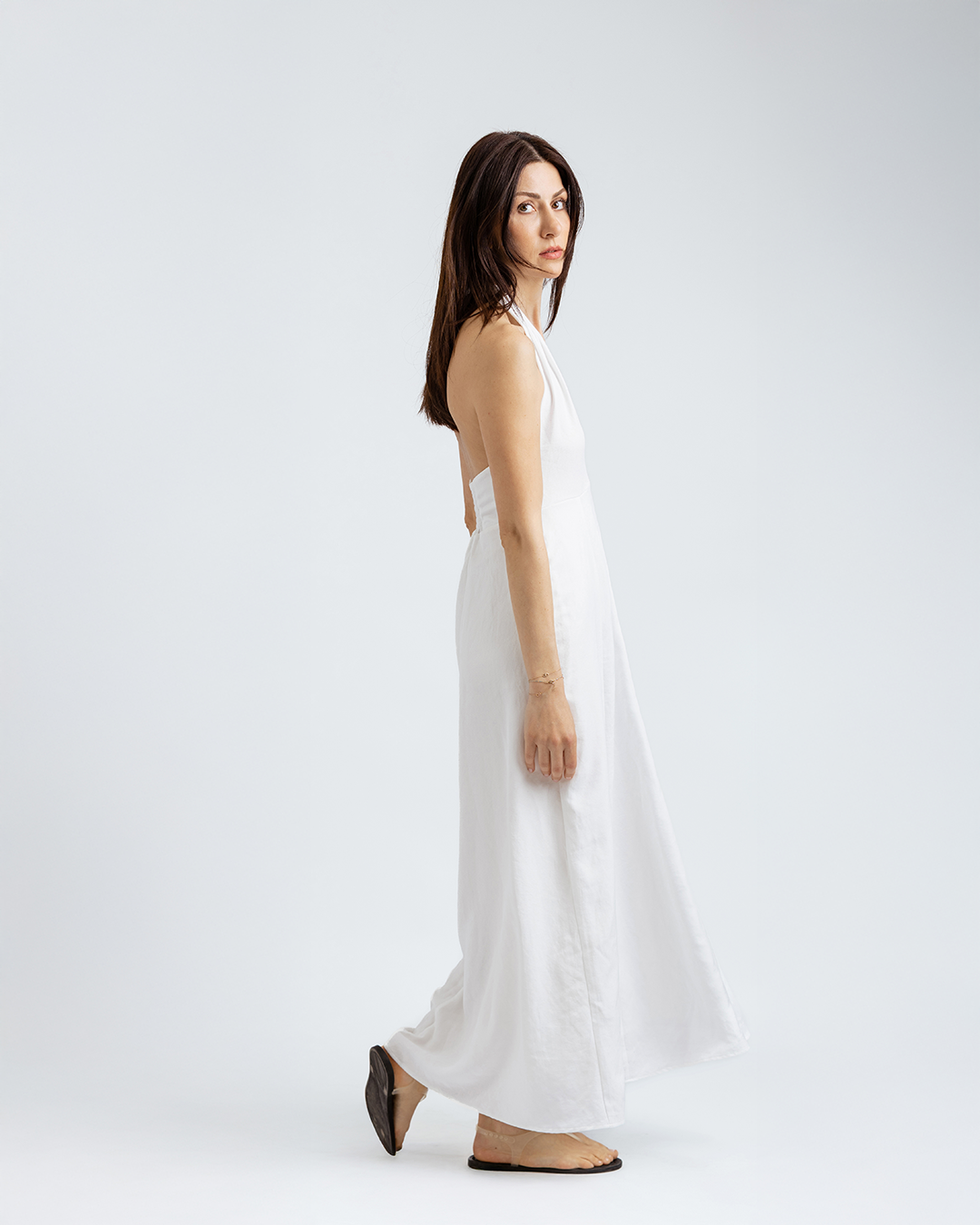 Boyundan Bağlamalı Keten Cotton Maxi Elbise, Beyaz