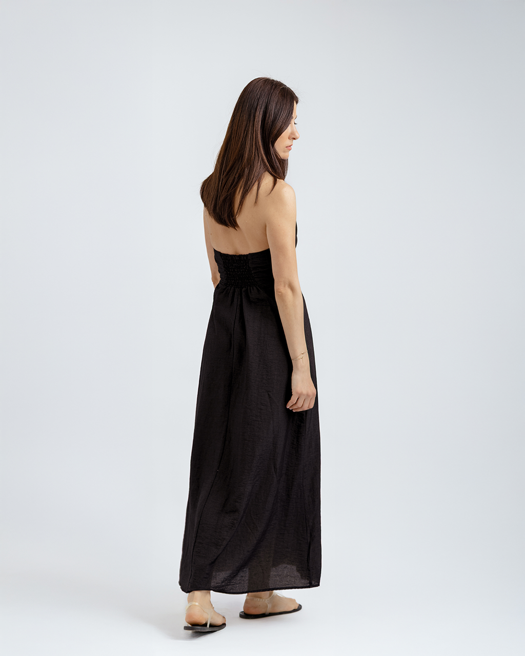 Boyundan Bağlamalı Keten Cotton Maxi Elbise, Siyah