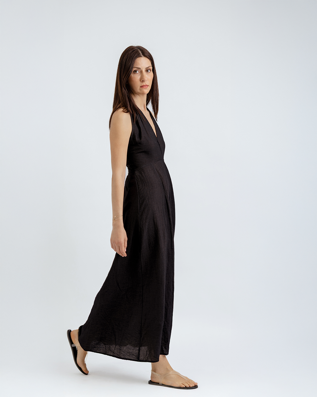 Boyundan Bağlamalı Keten Cotton Maxi Elbise, Siyah