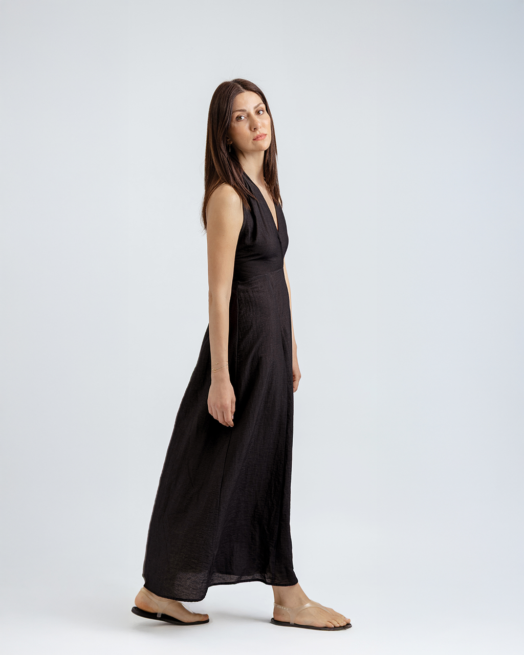 Boyundan Bağlamalı Keten Cotton Maxi Elbise, Siyah