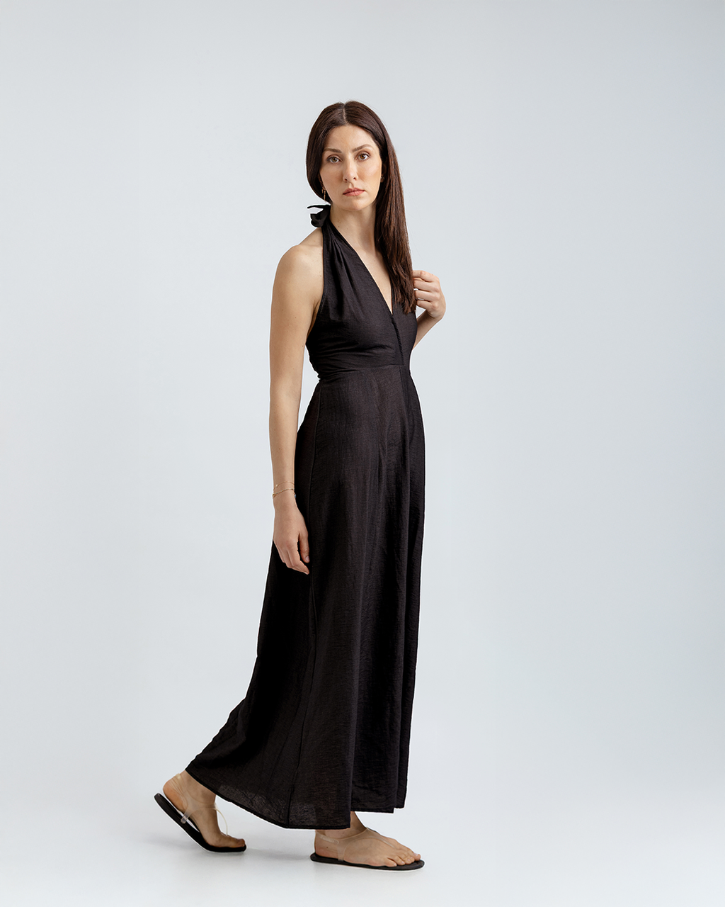 Boyundan Bağlamalı Keten Cotton Maxi Elbise, Siyah