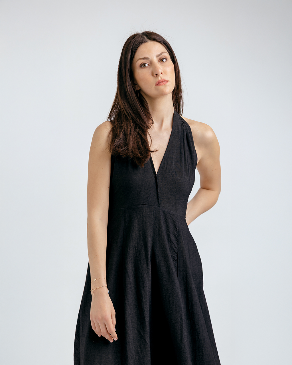 Boyundan Bağlamalı Keten Cotton Maxi Elbise, Siyah