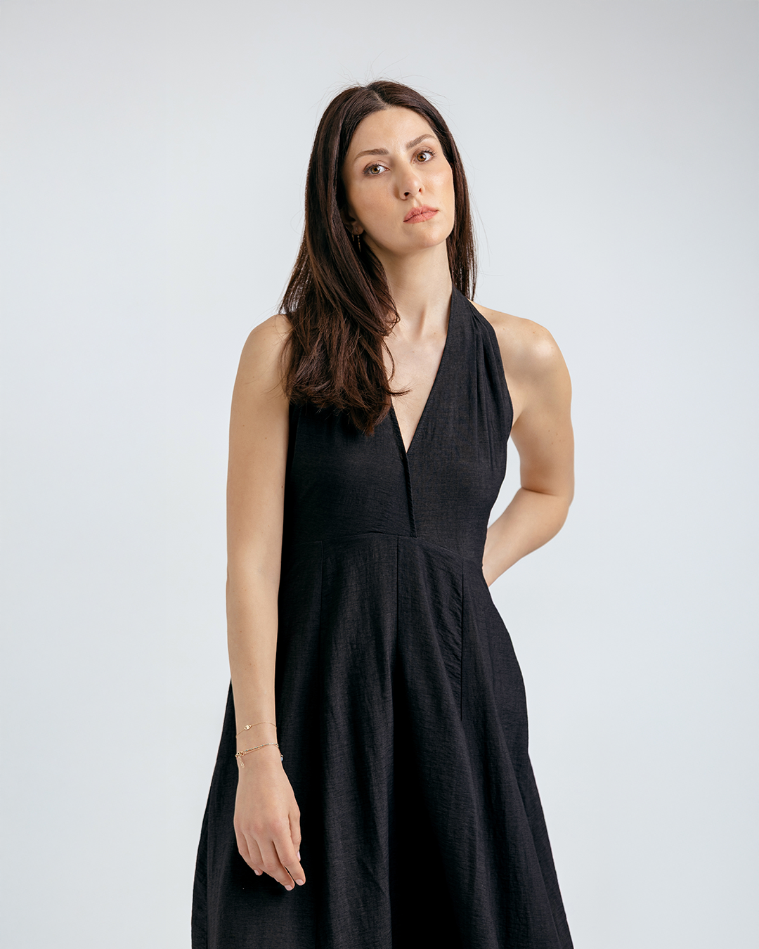 Boyundan Bağlamalı Keten Cotton Maxi Elbise, Siyah